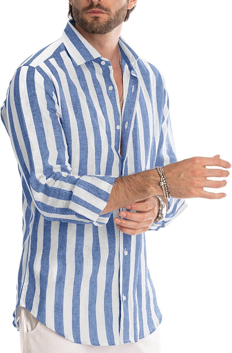 JMIERR Men's Casual Stylish Long Sleeve Button-Down Shirts Striped Dress Shirts Cotton Shirt - Image 5